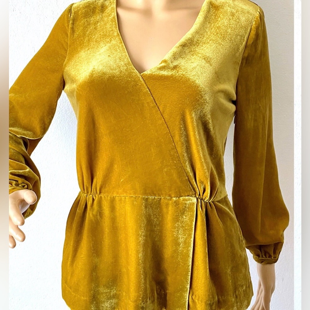 J Crew Faux Velvet v Neck Peplum Wrap Top in Gold